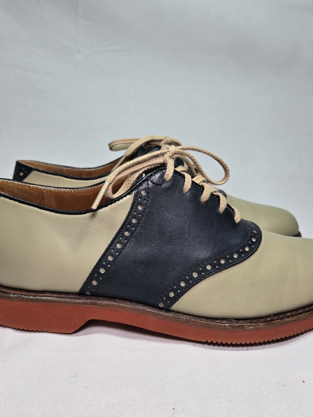 Vintage COLE HAAN Leather Saddle Oxfords Olive Khaki/Navy Mens 6.5 Wide Preppy